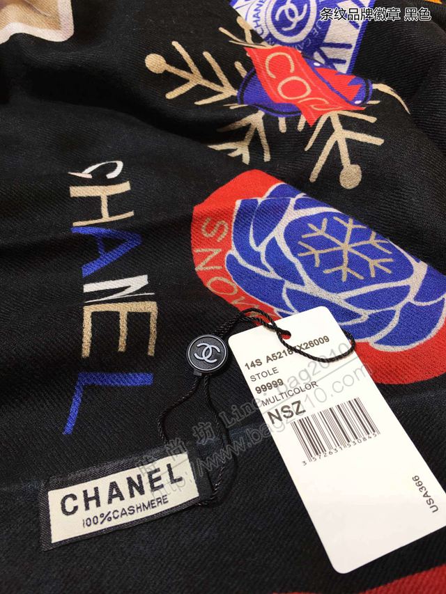 CHANEL圍巾 秋冬新款 條紋品牌徽章 香奈兒頂級純山羊絨女圍巾  llwj6742